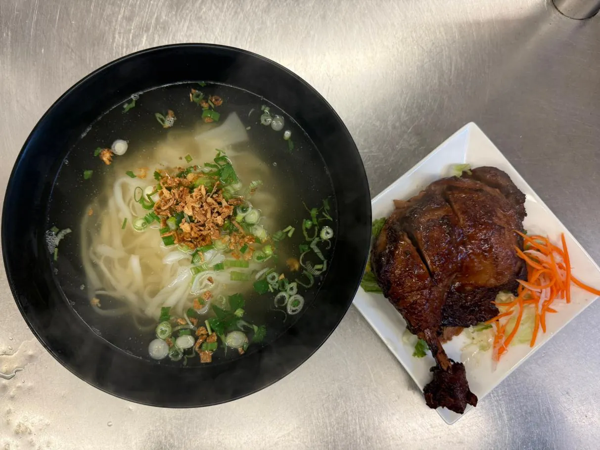 Five Spice Chicken Noodle Soup Noodle soup with five - spice chicken and toppings at An Chi, a Vietnamese restaurant in San Francisco